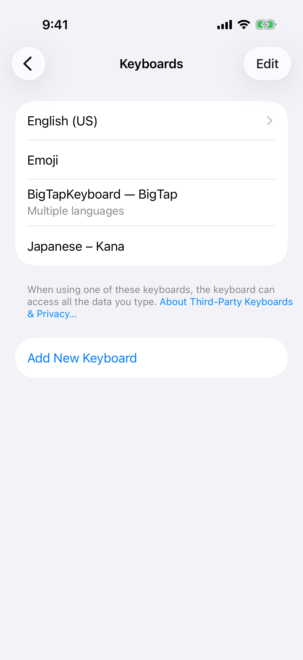The keyboard list in Settings with BigTapKeyboard added